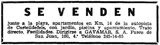 Anuncio de los apartamentos GAVAMAR de Gav� Mar publicado en el diario LA VANGUARDIA (10 de Septiembre de 1965)